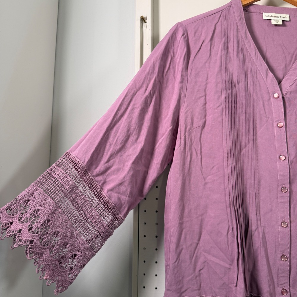 Coldwater Creek Purple Pintuck Crochet Lace Trim Rayon Button Front Tunic Top M - Picture 2 of 11